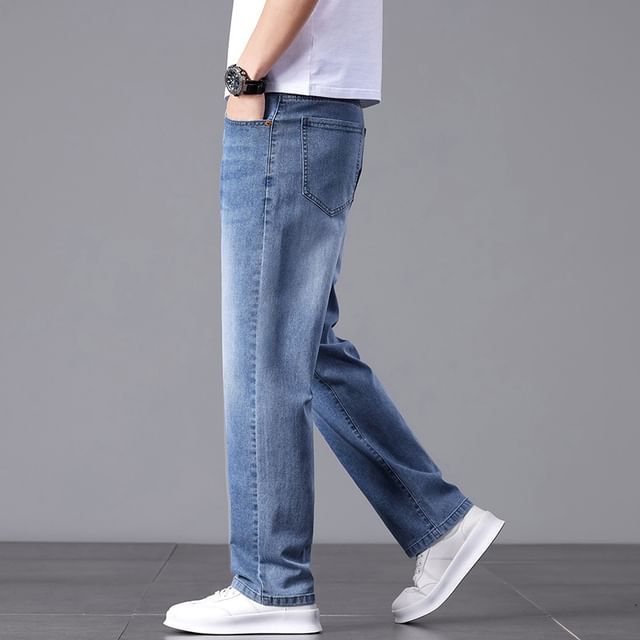 Denimic-Mid Rise Washed Straight Leg Jeans