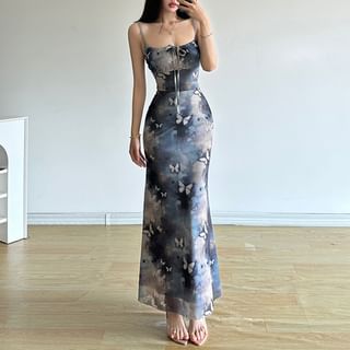 Sosana Spaghetti Strap Square-Neck Butterfly Print Tie-Front Maxi A-Line Dress