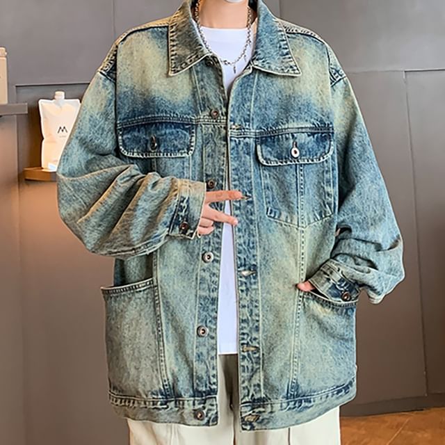 Antaeus-Collared Washed Button-Up Denim Cargo Jacket