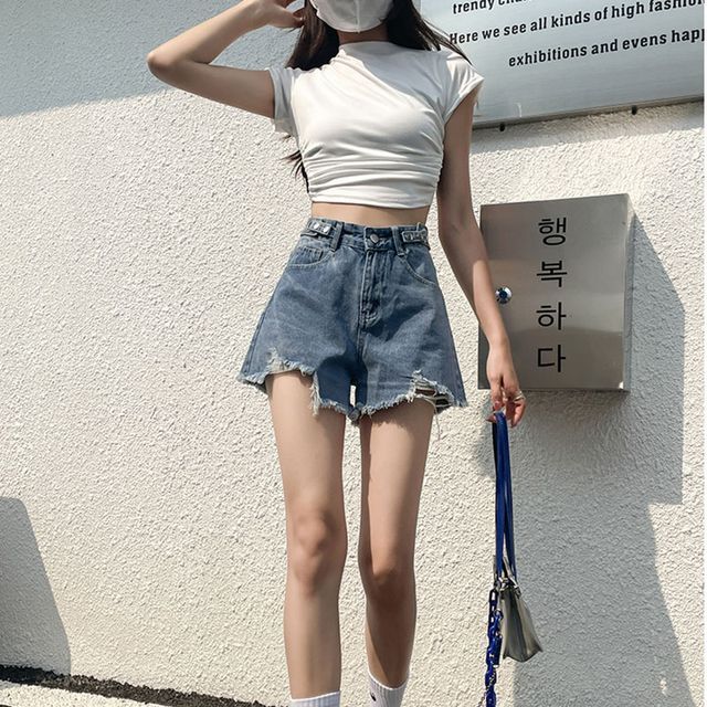 Everose-Mid Waist Distressed Denim Shorts