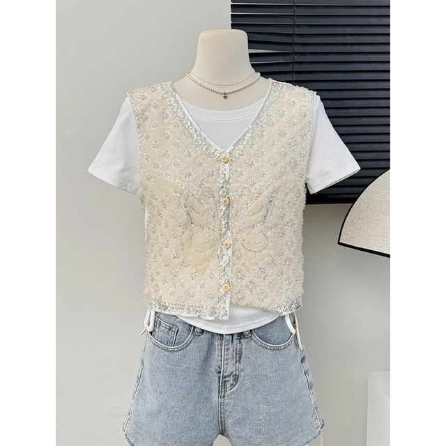 Lemongrass-Sequined Mesh Button-Up Vest