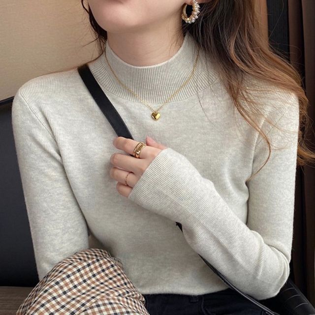 INEN-Long-Sleeve Mock Neck Plain Knit Top