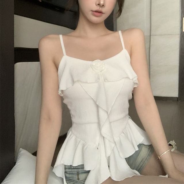 Strawolf - Plain Flower Accent Asymmetrical Ruffle Trim Cami Top