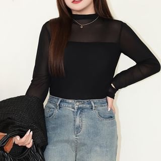 Telipino-Plus Size Long-Sleeve Mock Neck Plain Mesh Panel Tee