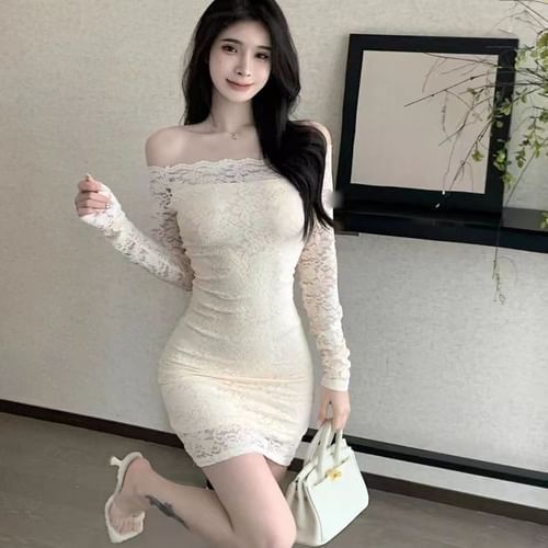 Everose - Long-Sleeve Off Shoulder Plain Lace Mini Sheath Dress | YesStyle