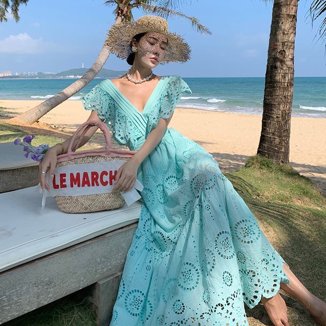 Juuri - Cap-Sleeve V-Neck Plain Embroidered Eyelet Maxi A-Line Dress |  YesStyle