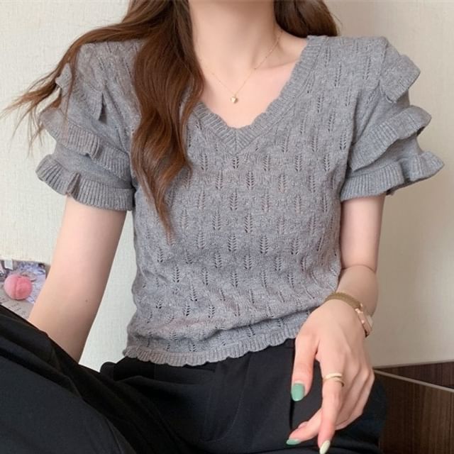 Allinya-Short-Sleeve V-Neck Plain Knit Top