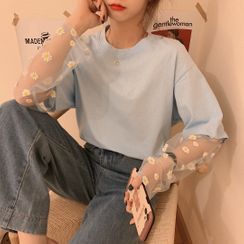 Miss Bearie - 假兩件網紗拼接長袖T裇 Miss Bearie - 假兩件網紗拼接長袖T裇