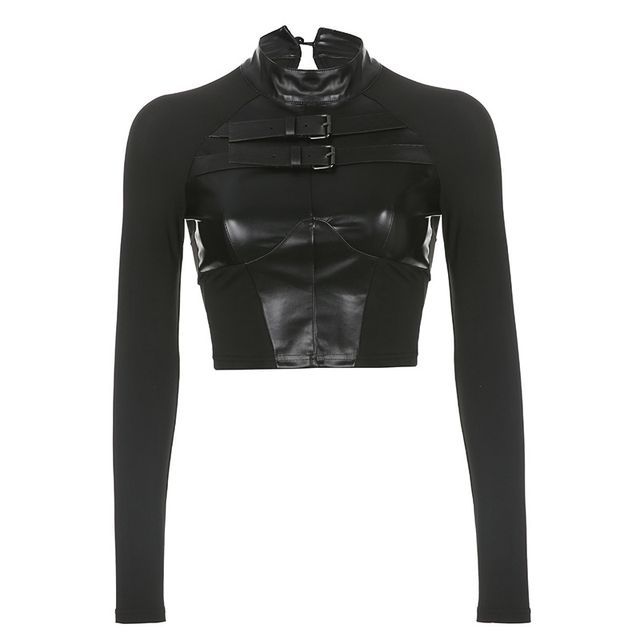 Leather crop top long on sale sleeve