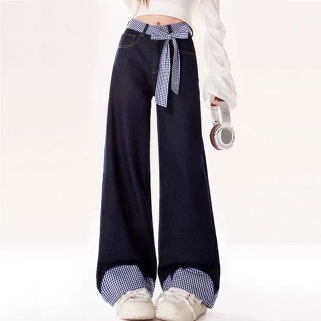 monroll-Mid Waist Plaid Panel Baggy Jeans