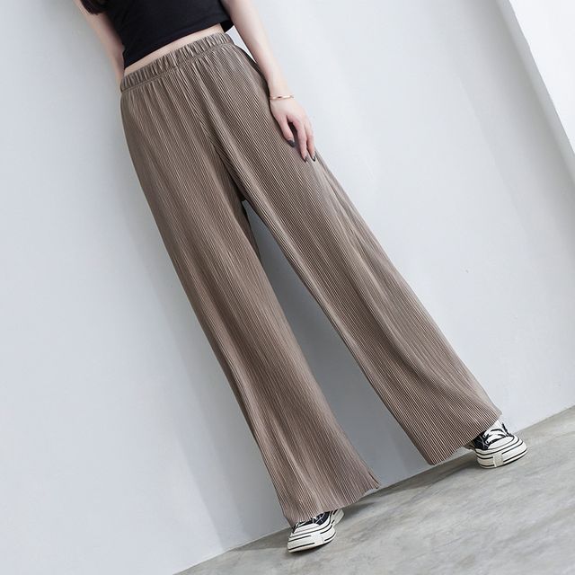 INEN-Elastic Waist Plain Wide Leg Pants