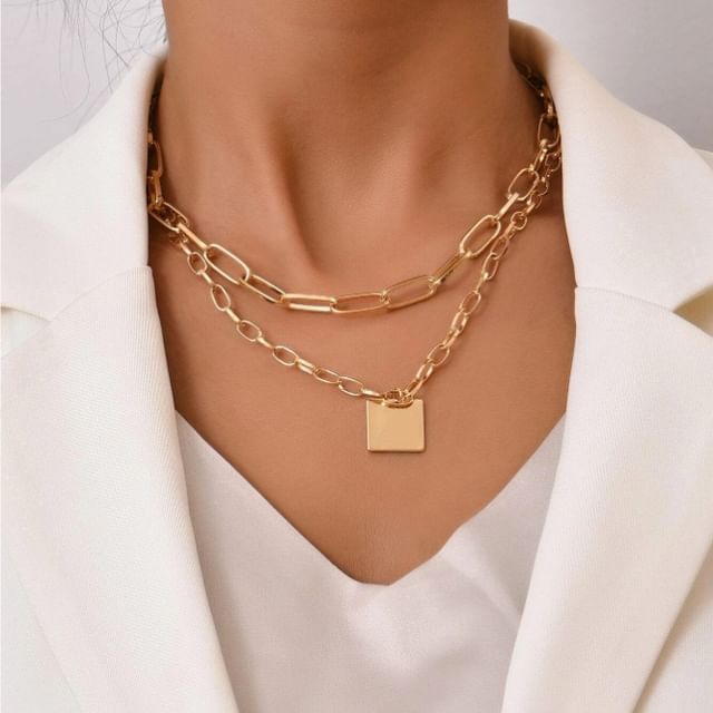 Gemsha-Square Pendant Layered Alloy Choker