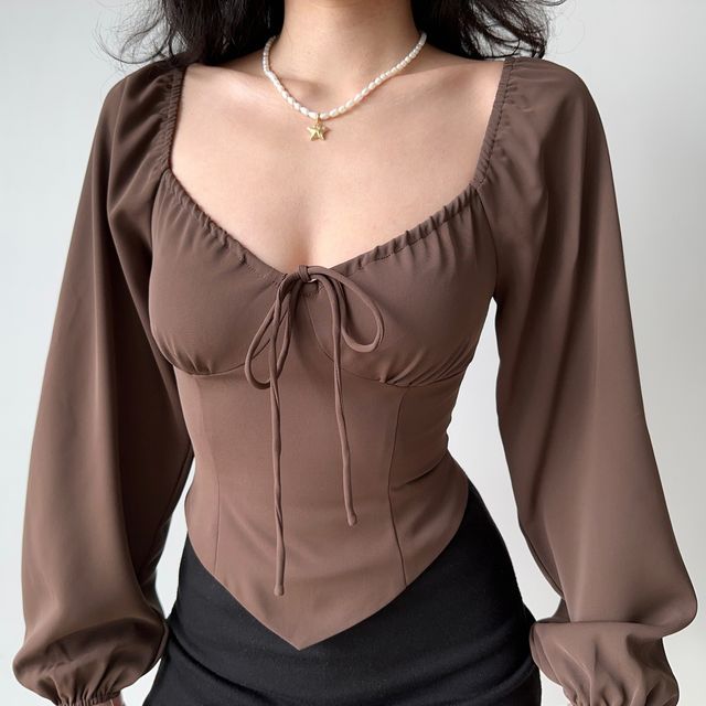 Sinora-Long-Sleeve Plain Cropped Blouse