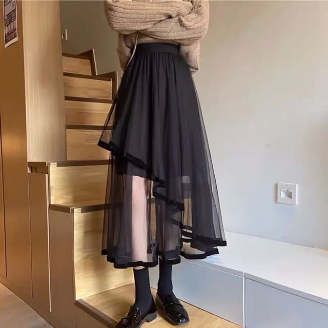 Sisyphi-High Rise Mesh Midi A-Line Skirt