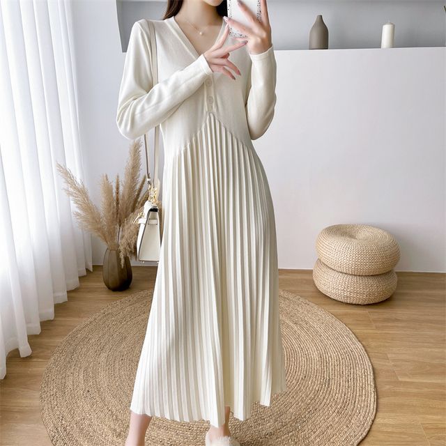 Maine - Long-Sleeve V-Neck Plain Button Accordion Pleated Knit Midi A-Line  Dress | YesStyle