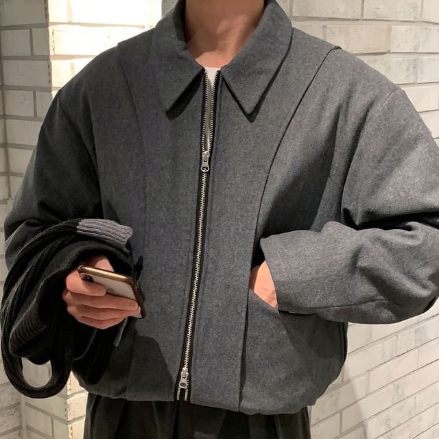 Okwano-Collared Zip-Up Plain Jacket