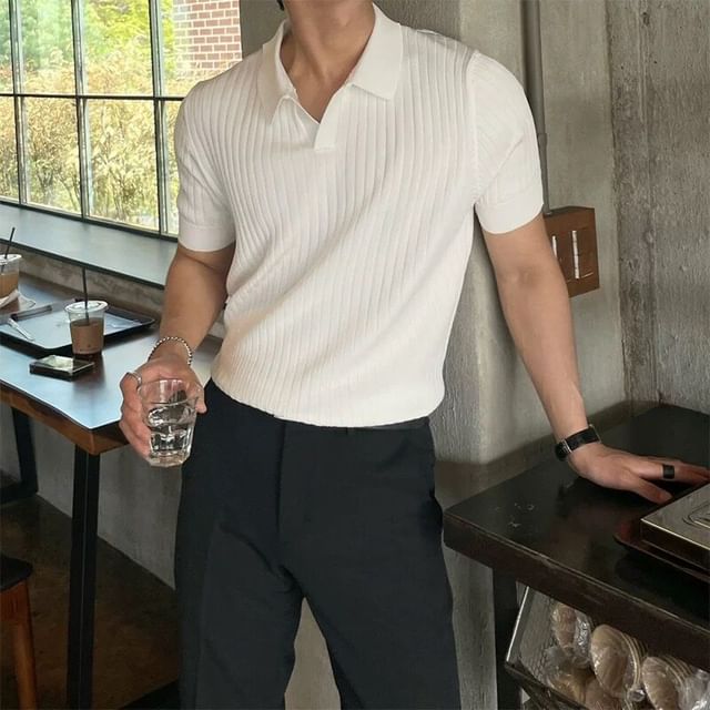 Omozando-Short-Sleeve Collared Plain Knit Top