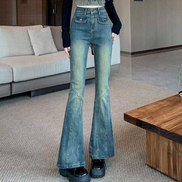 Yohana - High Waist Washed Paneled Bootcut Jeans | YesStyle Yohana - High Waist Washed Paneled Bootcut Jeans | YesStyle