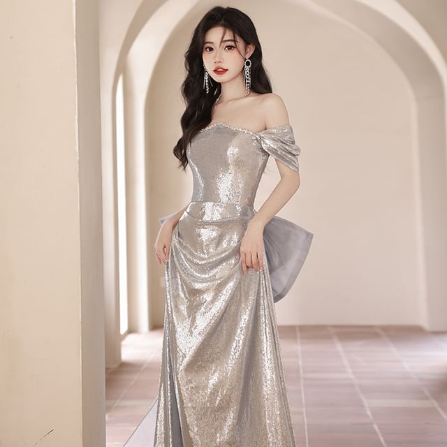 MSSBridal-L Off-Shoulder Sequin Bow Back A-Line Evening Gown