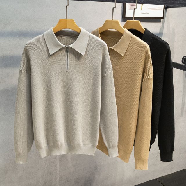Naideth - Plain Half-Zip Polo Sweater | YesStyle