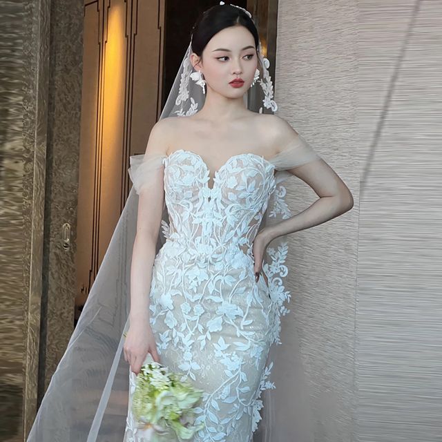 chinese dress ladies Two Piece Mock Neck Short Sleeve Lace Mermaid Wedding Dress, Unique Cu –  Shindig Threads main image 0