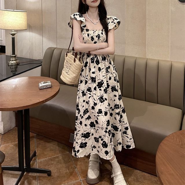 ANORA - Cap-Sleeve Square Neck Floral Print Midi A-Line Dress | YesStyle