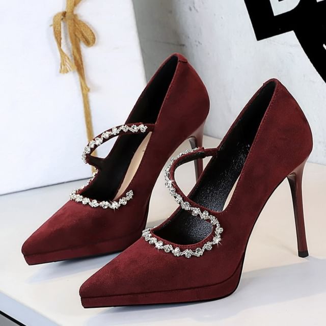Niuna-Stiletto Pointed Toe Rhinestone Mary Jane Pumps