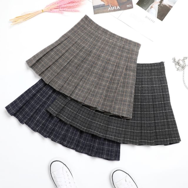 Woohan-High Waist Plaid Mini Pleated Skirt