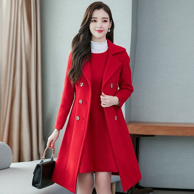 CHICHA - Plain Sleeveless A-Line Dress / Double-Breasted Long Coat / Set |  YesStyle