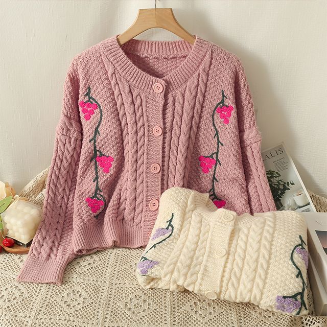 Lemongrass - Oversized Grape-Embroidered Crew-Neck Cardigan | YesStyle