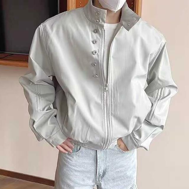 Real Boy-Stand Collar Plain Zip Bomber Jacket