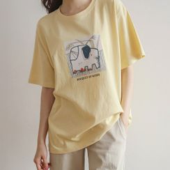 JUSTONE - Elephant Illustration-Printed T-Shirt JUSTONE - Elephant Illustration-Printed T-Shirt