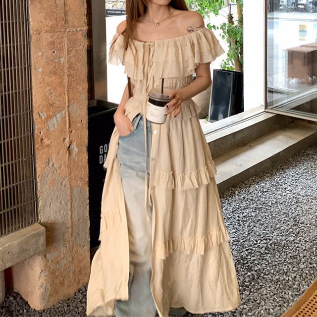 Doowex Short-Sleeve Off Shoulder Plain Ruffle Tiered Button Tie