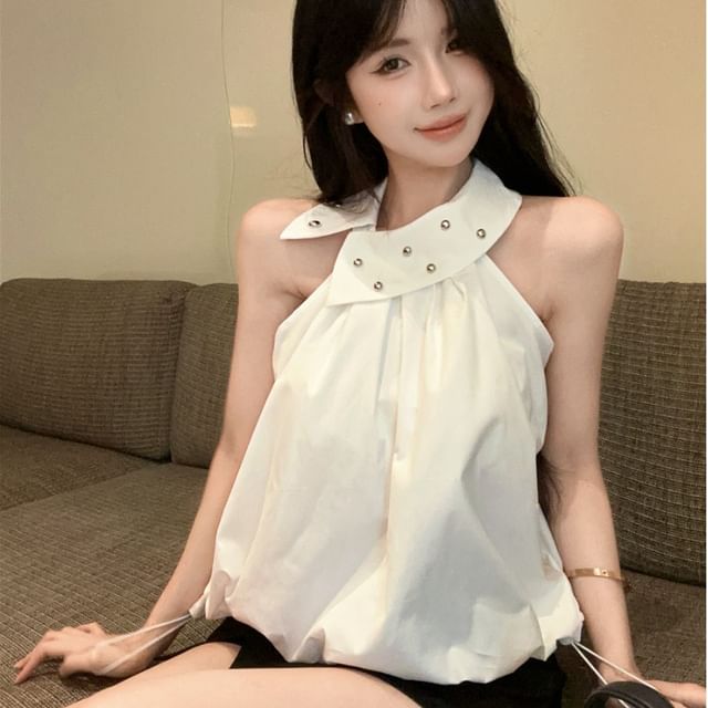 Whoosh-Sleeveless Halter Plain Beaded Drawstring Hem Blouse