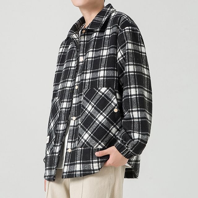 Stone Leo-Plaid Button-Up Shirt Jacket