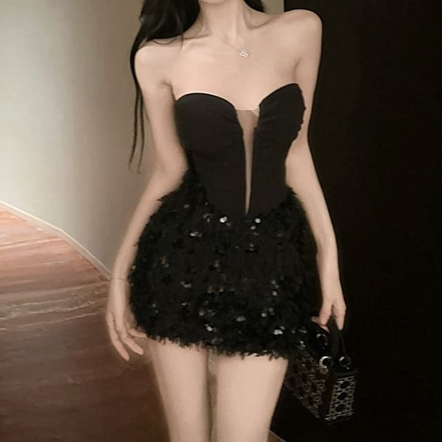Magma-Strapless Sequin Fluffy Panel Mini Bodycon Dress