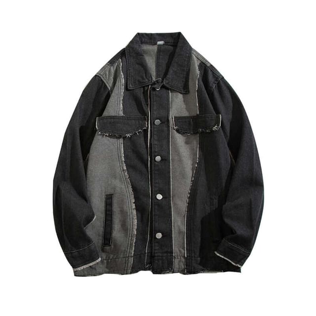 Yelmenor-Collar Two Tone Panel Frayed Denim Button Jacket