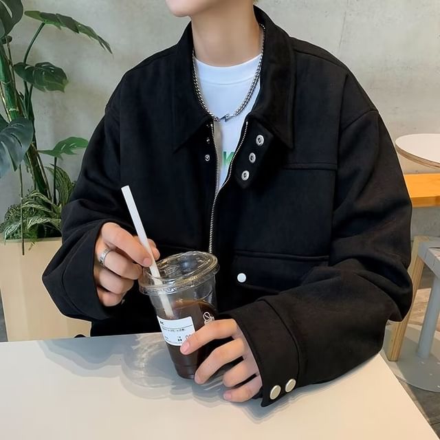 Koiyua-Collared Plain Zip Cargo Jacket