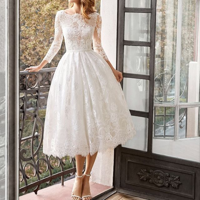 knee length dresses for ladies Ivory Lace 3/4 Sleeves Chiffon Beach Wedding Dress, SW380 main image 0