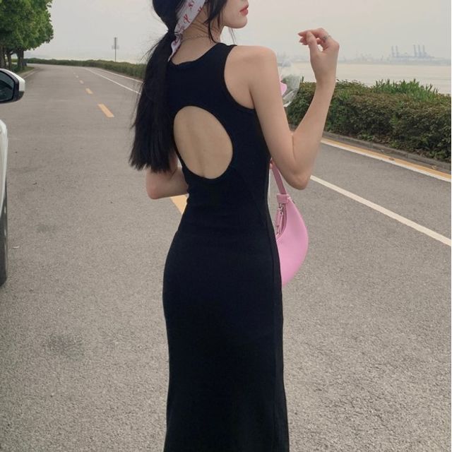 Yako-Plain Cutout Bodycon Tank Dress
