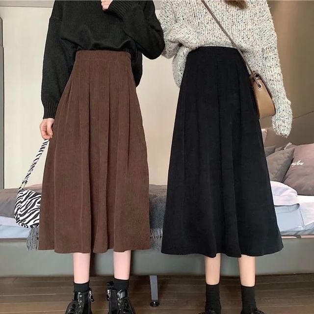Sisyphi-High Rise Plain Midi A-Line Skirt