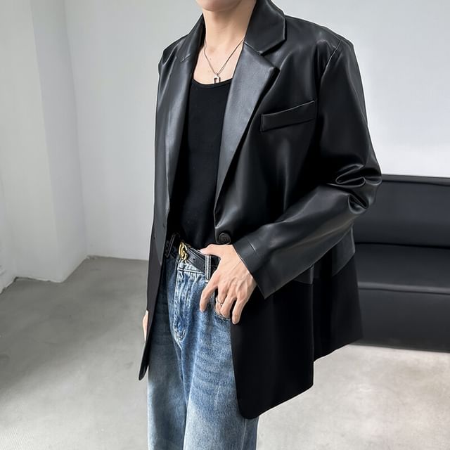 Drawouf-Notch Lapel Plain Faux Leather Panel One-Buttoned Blazer