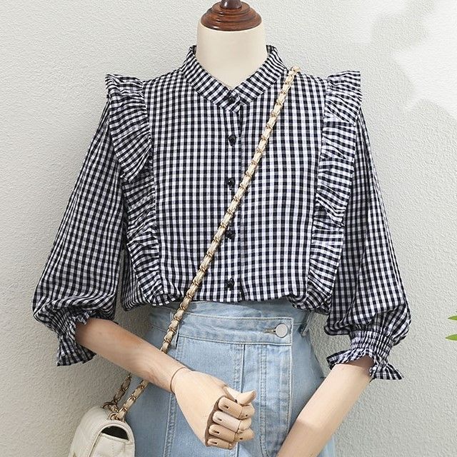 Rusutsu - 3/4-Sleeve Gingham Check Frill Trim Blouse | YesStyle