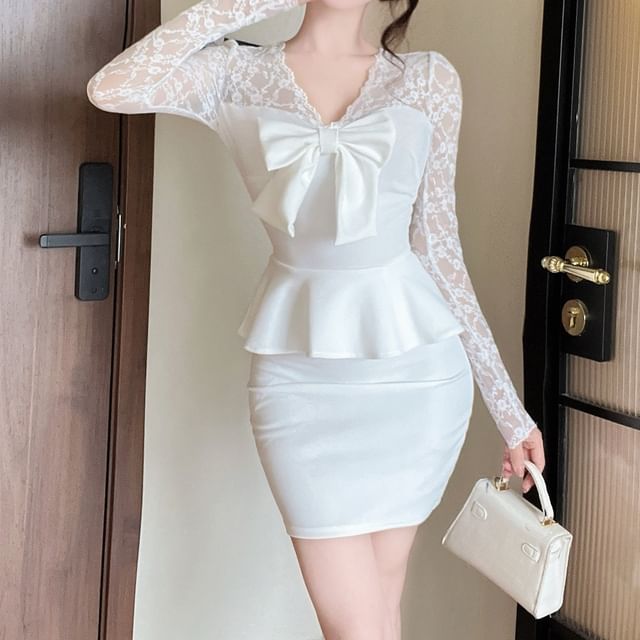 fitted lace wedding dress Women's Selene Peplum V-Neck Lace Maxi Dress S/M/L/Customize White Mean Blvd White / M main image 1