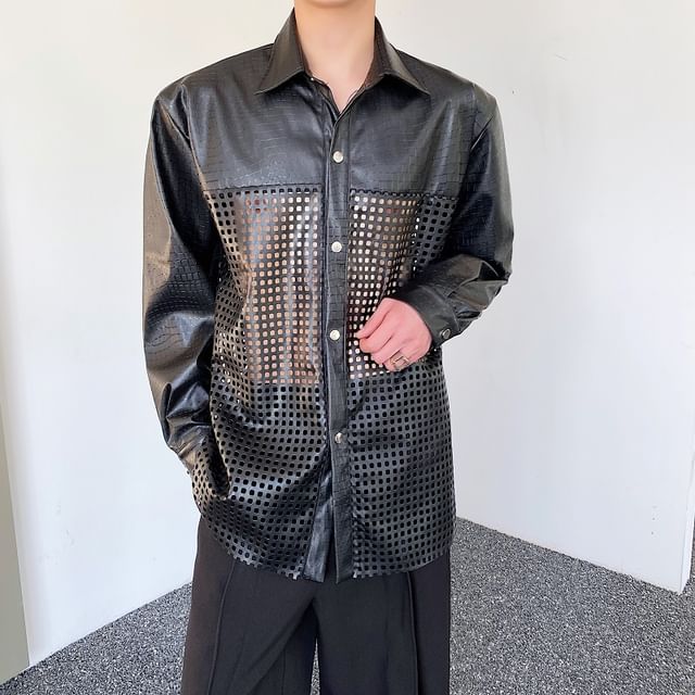 Patow-Faux Leather Collared Perforated Button-Up Jacket