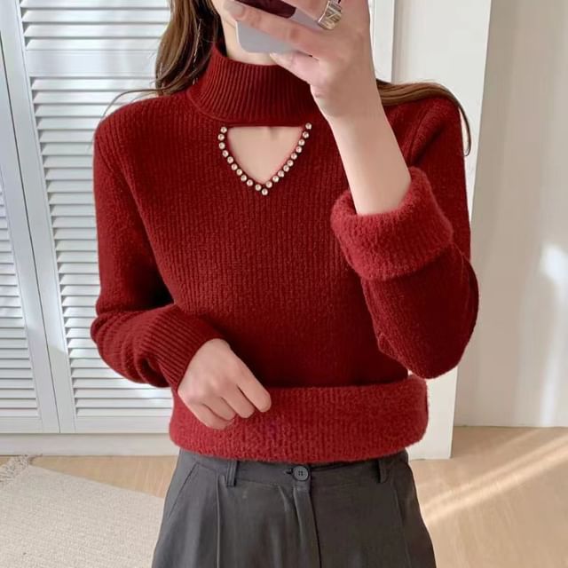 Odestra-Mock Neck Plain Keyhole Rhinestone Sweater