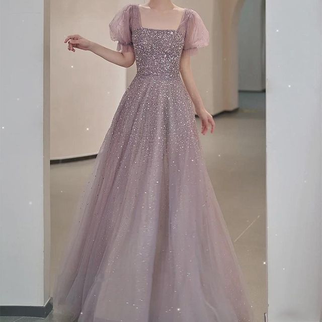 Fioridi-Puff-Sleeve Square Neck Sequin A-Line Evening Gown