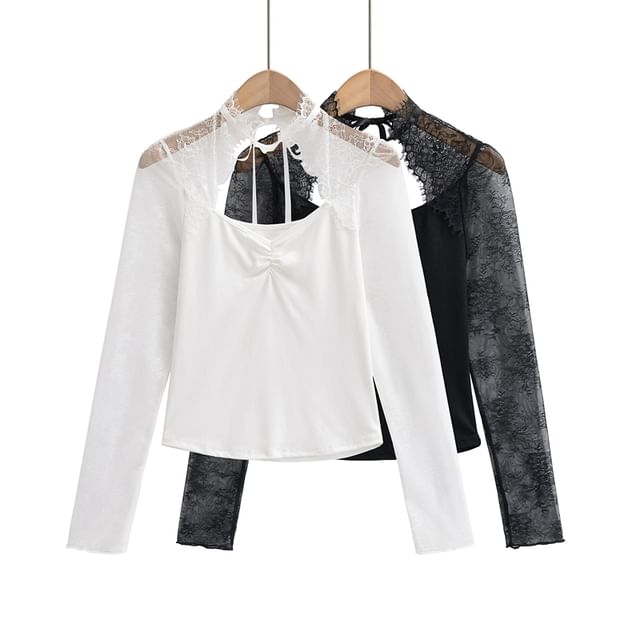 Ulark-Long-Sleeve Mock Neck Plain Cutout Lace Panel Tee