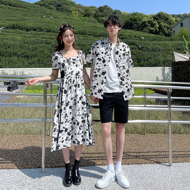Hippus Couple Matching Floral Midi A-Line Dress Shirt Shorts