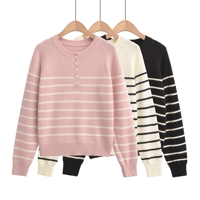 Ulark-Long-Sleeve Henley Striped Knit Top
